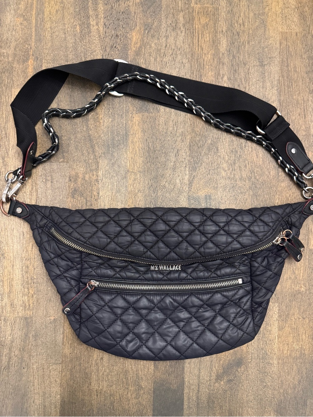 MZ Wallace Black Quilted Crossbody Belt Bag with Chain-Detail Strap